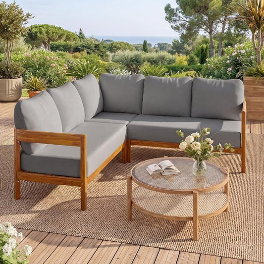 VilroCaz Outdoor Patio Furniture Set, L-Shaped Acacia Wood Sectional Sofa with 6 Soft Seat Cushions and Backpack, All-Weather Conversation Set with Arc Frame for Garden Backyard Porch (Grey-3.19)