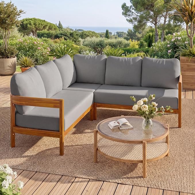 Acacia Wood L-shaped Outdoor Corner Sofa, Patio Conversation Furniture Set With 6 Soft Seat Cushions and Backpack , All Weather Outdoor Patio Sofa with Arc frame for Backyard, Garden (Grey-3.20)
