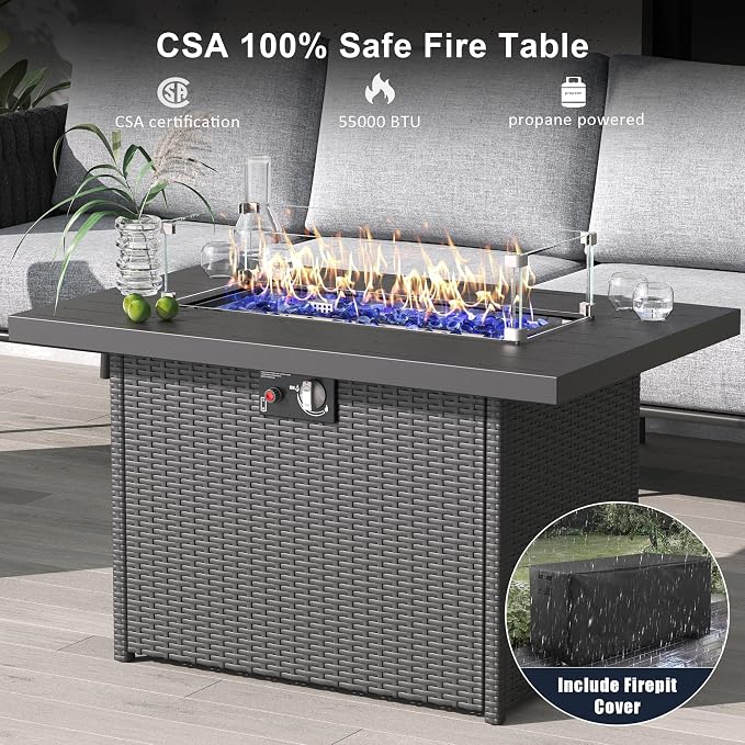 LayinSun 7 Piece Outdoor Furniture Set with Fire Pit Table, Modern Rope Woven Patio Conversation Sofa Set with Olefin Braid and Deep Seating