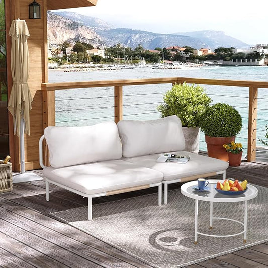 Patio Furniture Set, Outdoor Patio Furniture Oversized Metal Single Sofa, 2-seat Conversation Set with Cushion for Indoor and Outdoor, White Frame and Beige Mat, （2 Seats 2 Armrests）