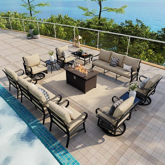 12-Piece Outdoor Furniture Set, Metal Swivel Rocking Chairs with All-Weather Cushions, Patio Conversation Set with Fire Pit Table for Deck, Porch, Garden, Backyard, Poolside (Beige Cushions)