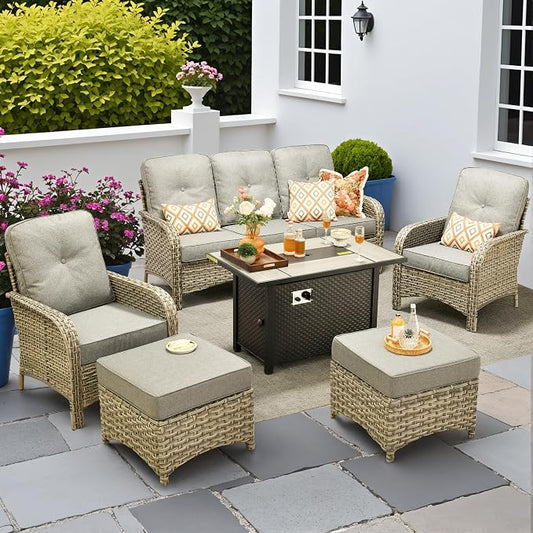 6-Piece Outdoor Patio Furniture Set with Fire Pit Table,All Weather Wicker Rattan Patio Seating Sofa and Chair Set with Ottomans,Outdoor Conversation Sets with 3 Seater Couch for Porch Deck Yard,Grey