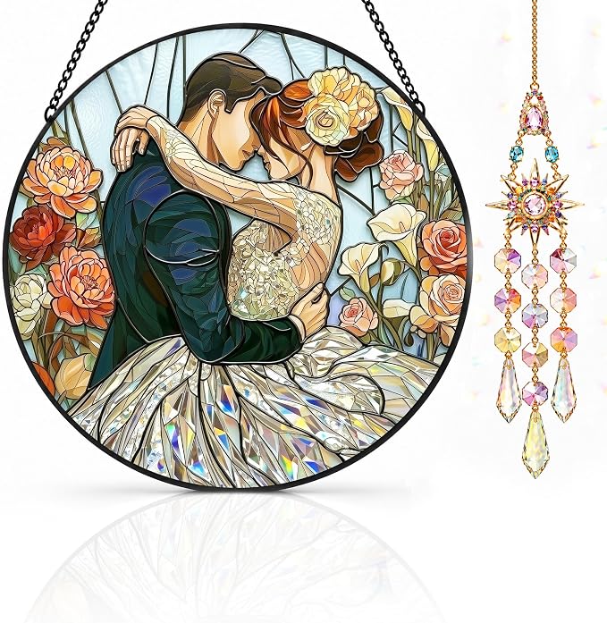 Deluxe Bundle | Stained Glass Window Hanging, Love Heart 3D Embossed Diamond Glass Suncatcher, 7-Piece Romantic Gift Set with Crystal Pendant & Invisible Hooks