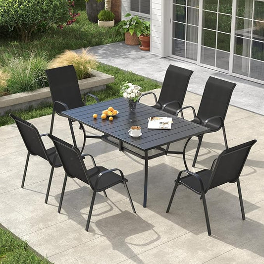 VICLLAX Outdoor Patio Dining Set for 6, Metal Slatted Patio Table with Umbrella Hole and Stackable Patio Chairs for Deck Lawn Garden, Black Fabric and Black Tabletop