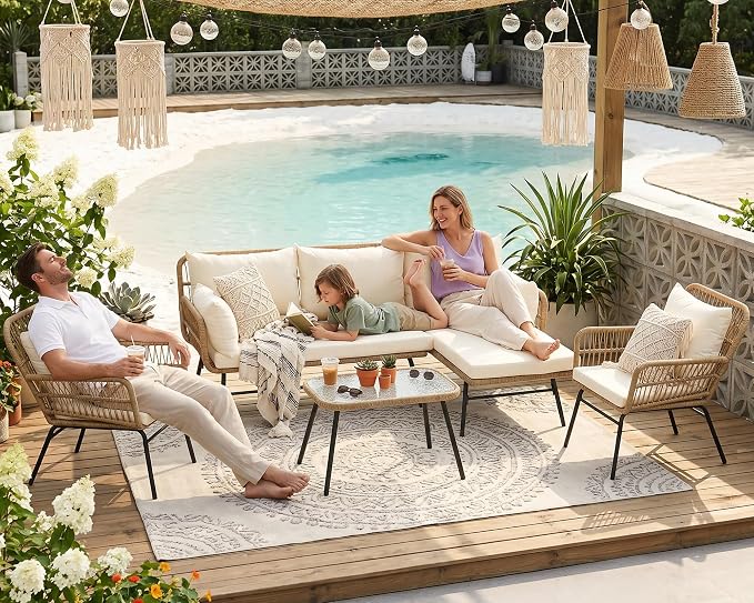 NICESOUL 5Pcs Boho Outdoor Patio Furniture Set, High Back L-Shaped Outdoor Couch with Side Table, 500lbs Sturdy Comfy Wicker Sectional Sofa for Garden Balcony Deck Porch or Backyard, Beige