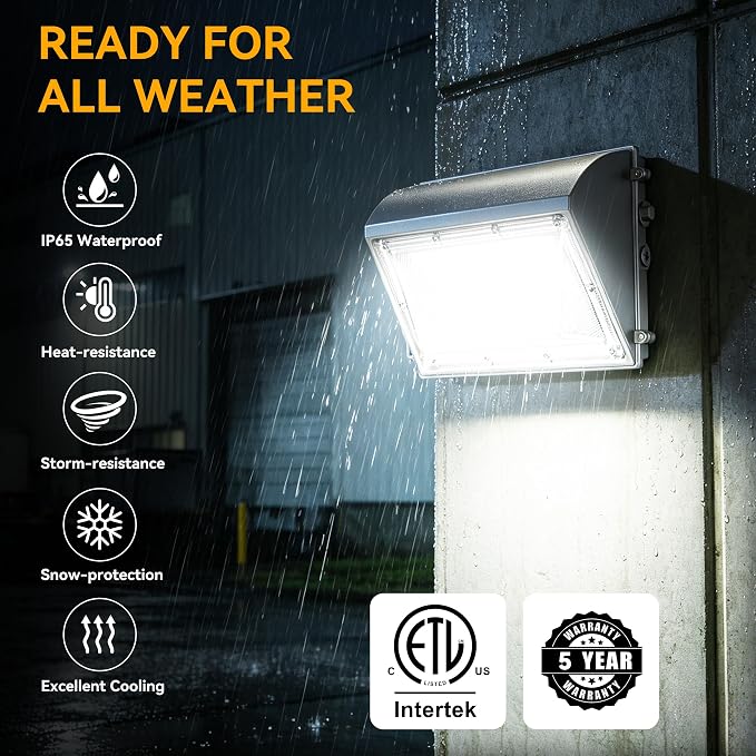 60W LED Wall Pack Light with Dusk to Dawn Photocell, 7800LM, 5000K | 100-277V, 0-10V Dimming, IP65 Waterproof Outdoor Wall Light Fixture, Commercial Exterior Lighting for Building, Parking Lot