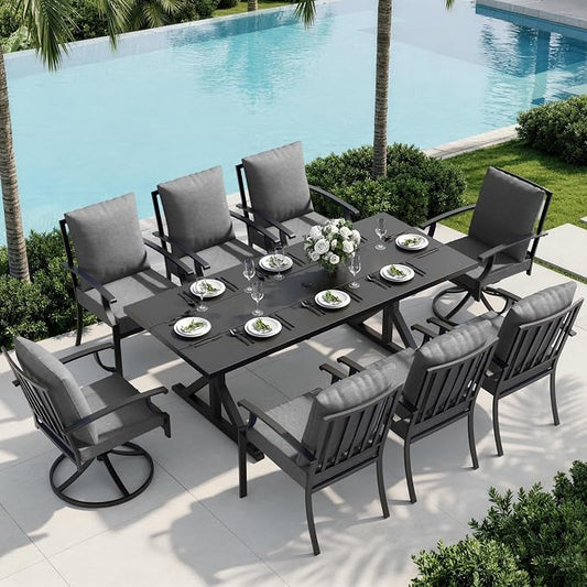 9 Piece Outdoor Dining Set for 8, Metal Patio Table and Chairs with Cushions, Patio Furniture Set with 2 Swivel Chairs, Rectangular Metal Dining Table with Umbrella Hole, Lawn Deck Yard-Grey