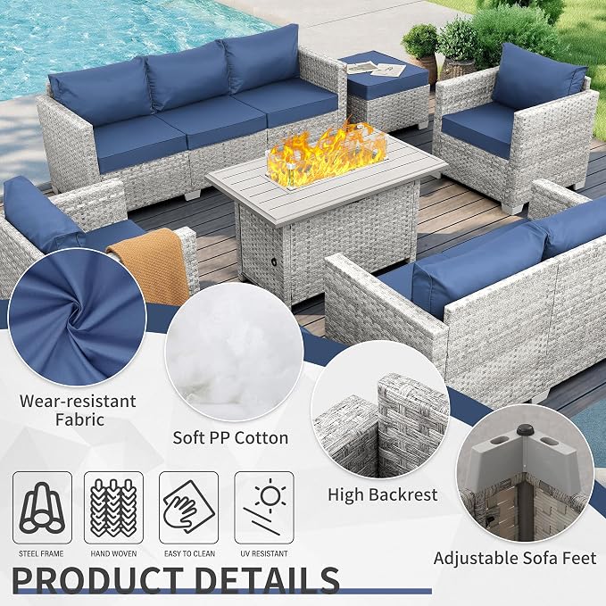 WAROOM Patio Furniture Set 7 Piece Grey Wicker Outdoor Conversation Sets PE Rattan Sectional Sofa with Propane Fire Pit Table and Anti-Slip Navy Blue Cushion