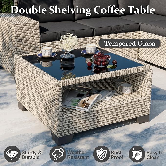 7-Piece Outdoor Patio Furniture Set with Fire Pit, Modular Sectional Sofa Set with Glass Coffee Table and Cushions, Wicker Outdoor Couch Conversation Sets, Black