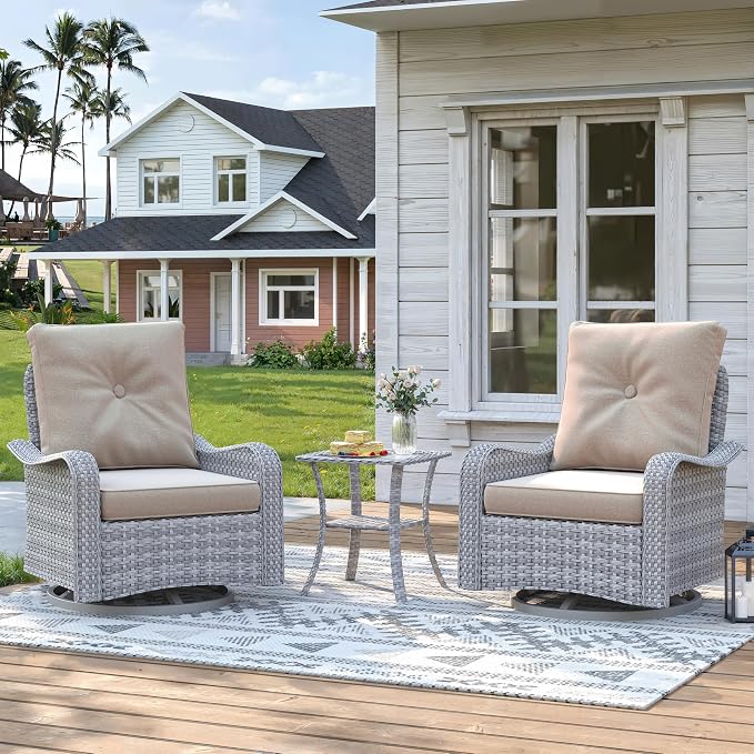 3 Piece Patio Furniture Set with Swivel Rocking Chairs, Outdoor Wicker Conversation Set with 4" Cushions, Glass Side Table, PE Rattan and Rust-Resistant Frame, Beige