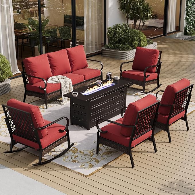 SUNSHINE VALLEY 6 Piece Metal Outdoor Patio Furniture Sets with Firepit Table, Patio Conversation Sets 1 3-Seater Sofa, 2 Leg Sofa and 2 Rocking Chair with 5.75" Cushion for Backyard Deck, Rust Red