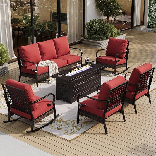 SUNSHINE VALLEY 6 Piece Metal Outdoor Patio Furniture Sets with Firepit Table, Patio Conversation Sets 1 3-Seater Sofa, 2 Leg Sofa and 2 Rocking Chair with 5.75" Cushion for Backyard Deck, Rust Red