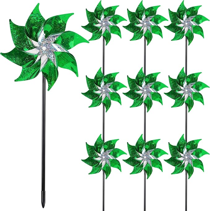 Hausse 10 Pack Reflective Pinwheels Holiday Decor (Assembly Required), Sparkly Wind Sculptures for St. Patrick's Day Decorations Party Supplies, Scare Birds Away from Garden Yard Patio Farm, Green