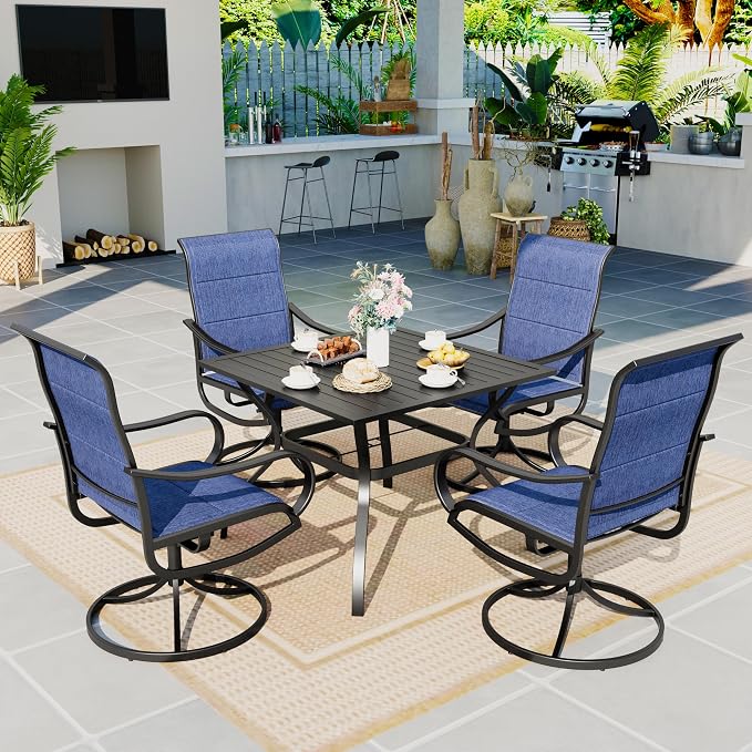 Sophia & William Outdoor Patio Dining Set 5 Pieces, 4 x Textilene Swivel Patio Chairs with Padded and 37" Square Metal Dining Table, Outdoor Table and Chair Set for Lawn Garden (Blue)