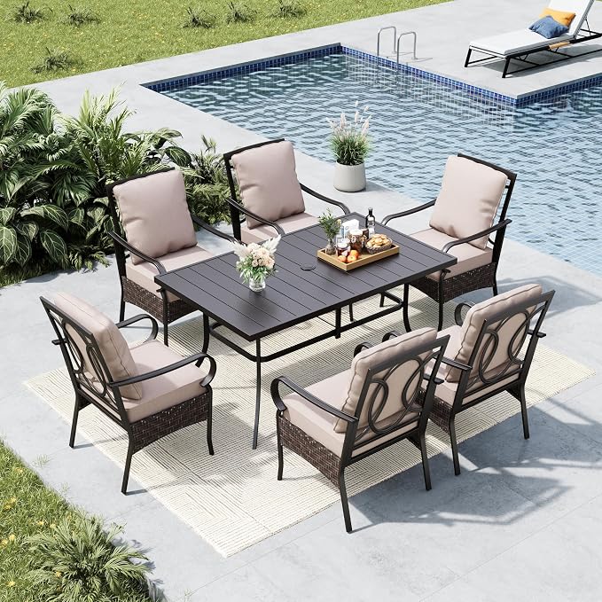 MFSTUDIO Outdoor Patio Dining Set for 6, Outdoor Table and Chairs for 6, Patio Rectangular Metal Table with Chairs, 7 Pieces Outdoor Dining Furniture Set, 1.57-1.9'' Umbrella Hole