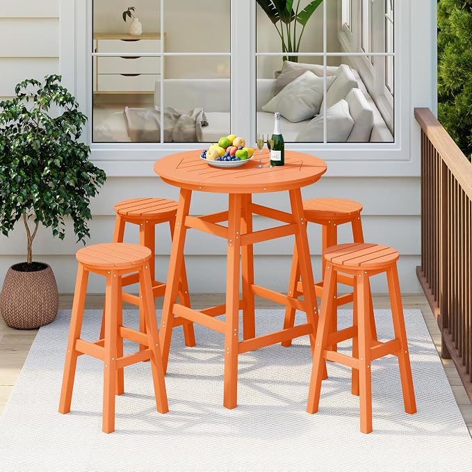 Costaelm Patio Bistro Table, 42" Counter Height Round Patio Cocktail Bar Table with Umbrella Hole, Outdoor Bistro Dining Pub Table for Front Porch Deck Backyard Garden, Orange