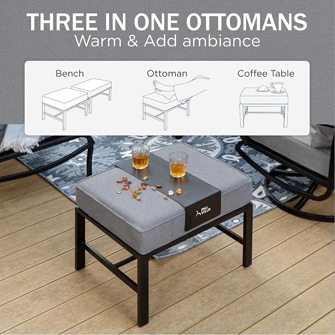PHI VILLA 6 Piece Patio Furniture Sets with 1 x 3-Seat Deep Seating Bench, 2 x Cushioned Swivel Sofa Chairs, 1 x Coffee Table & 2 Ottoman, Outdoor Metal Conversation Set for Lawn Garden Yard,Grey
