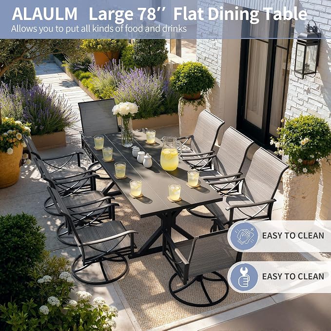 Kurapika 7-Piece Patio Dining Set, Outdoor Cross-Legged Large-Top Table with Umbrella Hole and 8 Swivel/Rocking Chairs, Patio Furniture Set for Garden, Deck, Brown