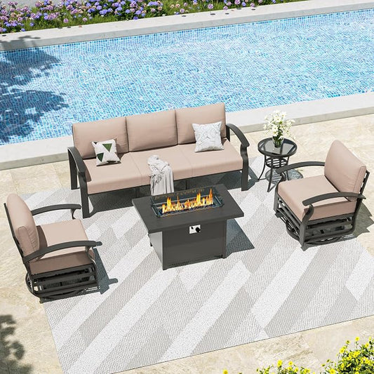 Kullavik Aluminum Patio Furniture Set,5 Piece Modern Metal Outdoor Patio Furniture w/5.1'' Thick Cushion,Swivel Chairs and 45" Propane Fire Pit Table,Patio Conversation Sets for Porch,Deck,Sand