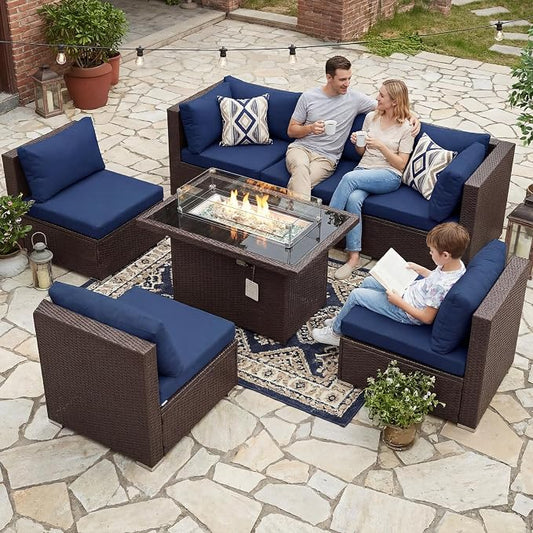 BULEXYARD 7-Piece Outdoor Patio Furniture Set with Propane/Natural Gas Fire Pit Table, Modular High-Back Sectional Couch Sofa, All-Weather Heavy Duty Backyard Seating, Brown Rattan & Navy Blue Cushion