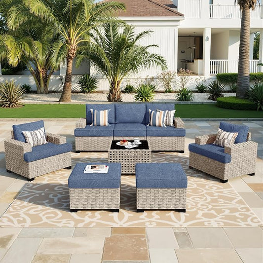 Weaxty 8 Pieces Outdoor Furniture Set, Patio Sectional Sofa Wide Seats Couch Chair with Ottoman Solar Table, Thick Cushion All-Weather Rattan Patio Conversation Sets for Backyard Porch Deck, Blue