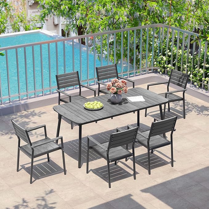 Crestlive Products Outdoor Dining Table for 6, 70" Aluminum Patio Table with Umbrella Hole Weather Resistant Rectangle Outside Tables for Patio Garden Lawn, Grey