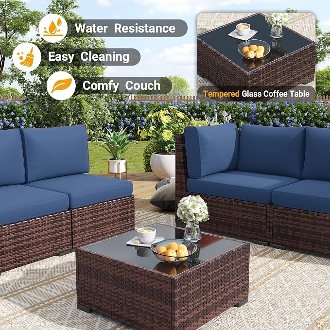 Outdoor Patio Furniture Set with 44" Fire Pit Table 8 Pieces Rattan Patio Sectional Sofa Conversation Set w/55000 BTU Propane Gas Fire Pit, Coffee Table, 2 Waterproof Covers, Blue