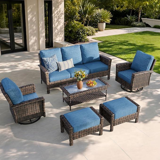 Patio Furniture Set with High Back Swivel Chairs, All-Weather Outdoor Wicker Sofa with Ottomans, 6 Pieces Deep Seating Patio Conversation Couch Sets with 5.5" Cushions for Lawn Deck Backyard, Blue