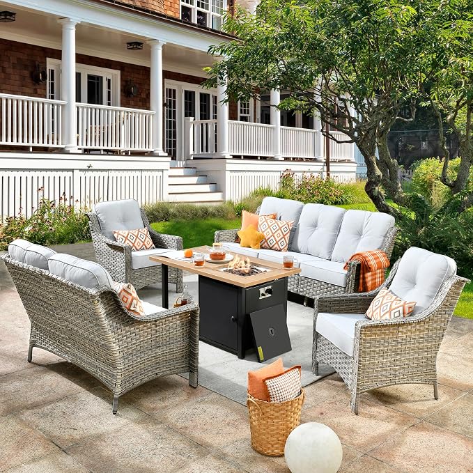 HOOOWOOO 5 Piece Patio Furniture Conversation Sets with Fire Pit Table,Outdoor Wicker Furniture,All Weather Resistant High Back Rattan Outside Furniture Patio Set(Light Grey Gray)