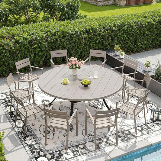 DIFY 11 Piece Outdoor Patio Dining Set for 10, Patio Table and Chairs Set with Umbrella Hole, 63" Round Dining Table and Stackable Metal Chairs for Backyard Garden Poolside, Grey Wood-Like & Sandshell