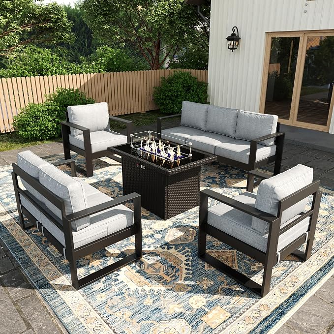 5 Piece Modern Aluminum Patio Furniture Set with Fire Pit Table, Outdoor Patio Sectional Conversation Metal Seating Sets with Olefin Cushion
