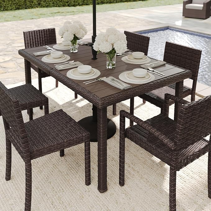 Martha Stewart Bedford 62" Indoor-Outdoor Patio Table with Faux Wood Top and Rattan Wicker Finish in Brown