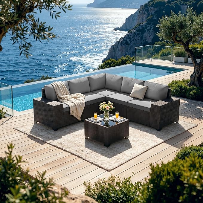 Patio Furniture Set 6 Pieces Outdoor Sectional Sofa Set,PE Rattan Wicker Patio Conversation Set with Thickened Cushions and Glass Coffee Table,Grey