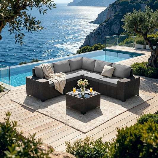 Patio Furniture Set 6 Pieces Outdoor Sectional Sofa Set,PE Rattan Wicker Patio Conversation Set with Thickened Cushions and Glass Coffee Table,Grey