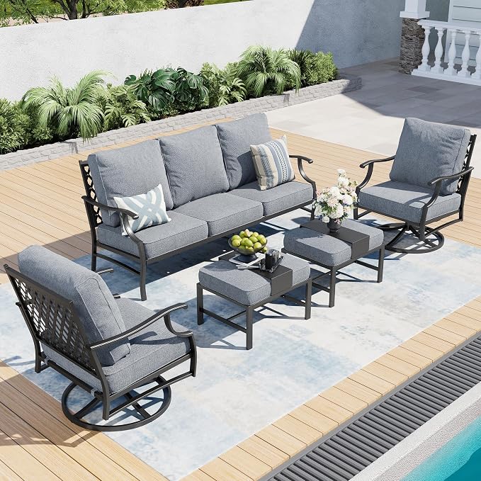 SUNSHINE VALLEY 5 Piece Metal Outdoor Patio Furniture Sets, Patio Conversation Sets 1 3-Seater Sofa, 2 Swivel Chairs, 2 Ottomans with 5.75" Thick Cushion, Black All-Weather Backyard Furniture, Gray