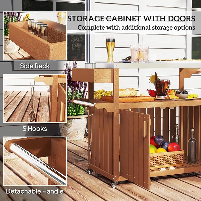 Outsunny Outdoor Bar Cart with Storage Cabinet, Stainless Steel Top Kitchen Island on Wheels, HDPE Outdoor Bar Table, Movable Patio Beverage Food Prep Table for BBQ Picnic, Brown