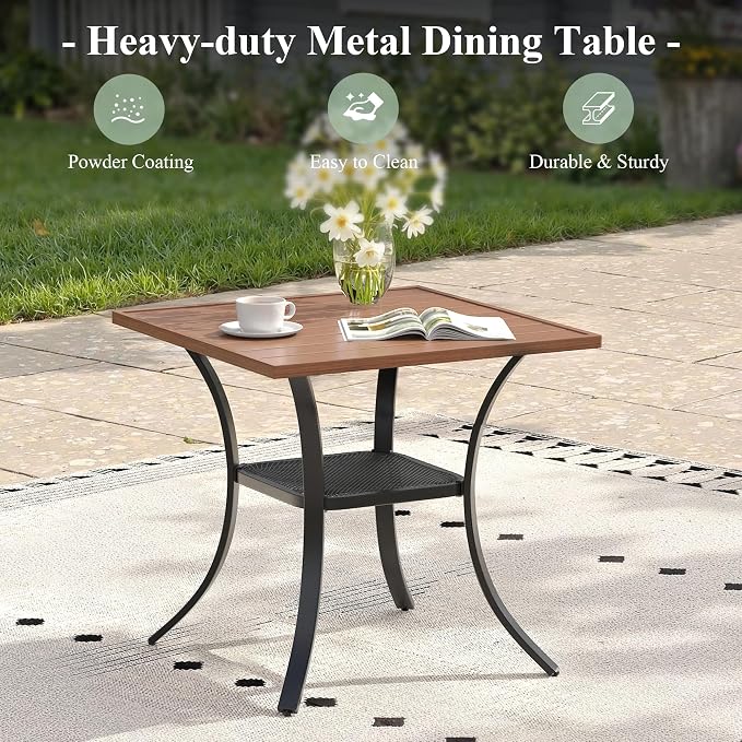 3 Pieces Outdoor Dining Set, Stackable Textilene Paito Chairs & 27.5" Square Dining Table with Shelf, Patio Dining Set for Backyard, Deck, Garden, Brown & Walnut