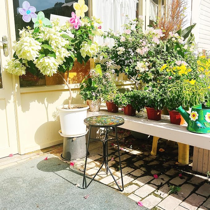 Mosaic Birds Outdoor Side Tea Table, Glass Plant Tables Indoor Decorative Metal Patio Table, Outdoor Tables Unique Furniture - Weather-Resistant Patio Valentine's Day Decor