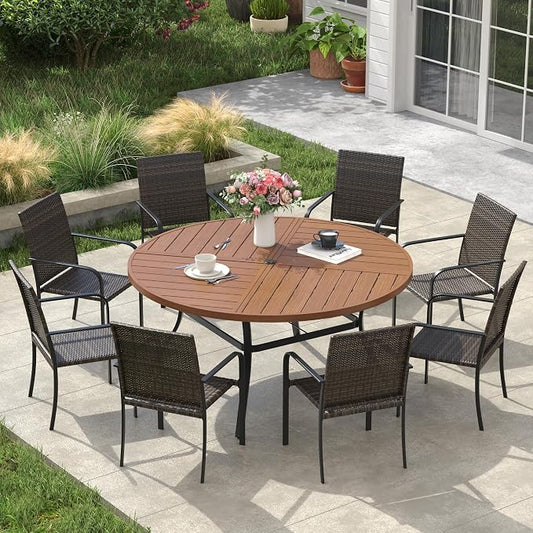 VICLLAX 9 Pieces Outdoor Dining Set, 8 Stakable Wicker Patio Chairs and 53" Patio Round Metal Table with Umbrella Hole for Backyard Lawn Garden, Walnut Tabletop