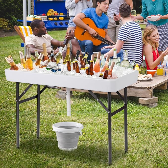 S AFSTAR 4 Foot Ice Cooler, Outdoor Buffet Cold Food Keeper w/Matching Skirt & Drain Plug, Portable Tailgate Camp Fishing Cleaning Table, Ice Bin Folding Chill Table for Party, Picnic, BBQ