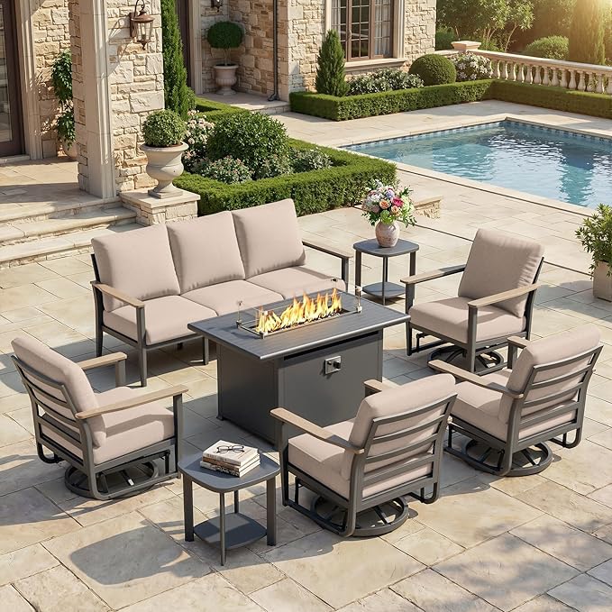 Aluminum Outdoor Patio Furniture Set, 8-Piece Sectional Sofa with 5.1" Thick Cushions, 4 Swivel Rocking Chairs, 55,000 BTU Propane Fire Pit Table, Outdoor Couch for Backyard, Deck, Khaki