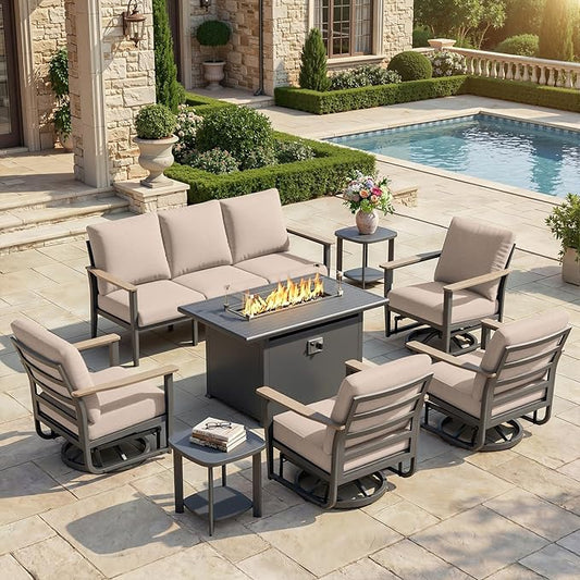 Aluminum Outdoor Patio Furniture Set, 8-Piece Sectional Sofa with 5.1" Thick Cushions, 4 Swivel Rocking Chairs, 55,000 BTU Propane Fire Pit Table, Outdoor Couch for Backyard, Deck, Khaki