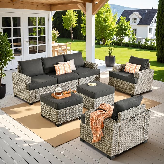 7 Pcs Outdoor Sectional Patio Furniture Set with Ottomans - All Weather Wicker Modular L Shaped Outside Sectional Couch,Patio Seating Outdoor Conversation Sets for Deck Yard Garden,Black