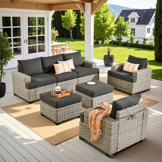 7 Pcs Outdoor Sectional Patio Furniture Set with Ottomans - All Weather Wicker Modular L Shaped Outside Sectional Couch,Patio Seating Outdoor Conversation Sets for Deck Yard Garden,Black
