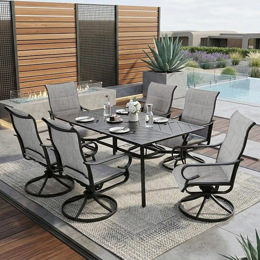 NUU GARDEN 7-Piece Outdoor Dining Set, Outdoor Table and Chair Set with Umbrella Hole, Padded Textilene Dining Table Set, All Weather Outdoor Table and Chairs for 6, Swivel Design, Light Gray