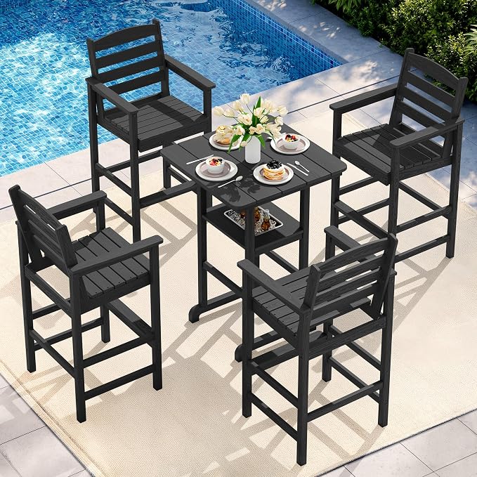 SERWALL Adirondack Bar Chairs and Table 5 Pieces Set, HDPE Bar Height Chairs Set of 2 and Bar Table with Ice Bucket, Outdoor Bar Stools Set for Balcony, Poolside, Backyard, Black