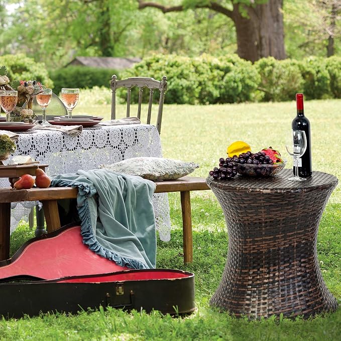 Sundale Outdoor Small Side Table Patio Rattan End Table 20 Inch Hourglass Wicker Accent Tables Steel Frame Lightweight Brown Mesa Auxiliar pequeña Mesa Auxiliar de ratán marrón