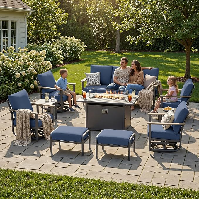 Aluminum Outdoor Patio Furniture Set with Swivel Rocking Chairs 9-Seat, Patio Sectional Sofa with Ottomans Patio Conversation Set with 55,000 BTU Fire Pit Table & High Backrest, Navy Blue