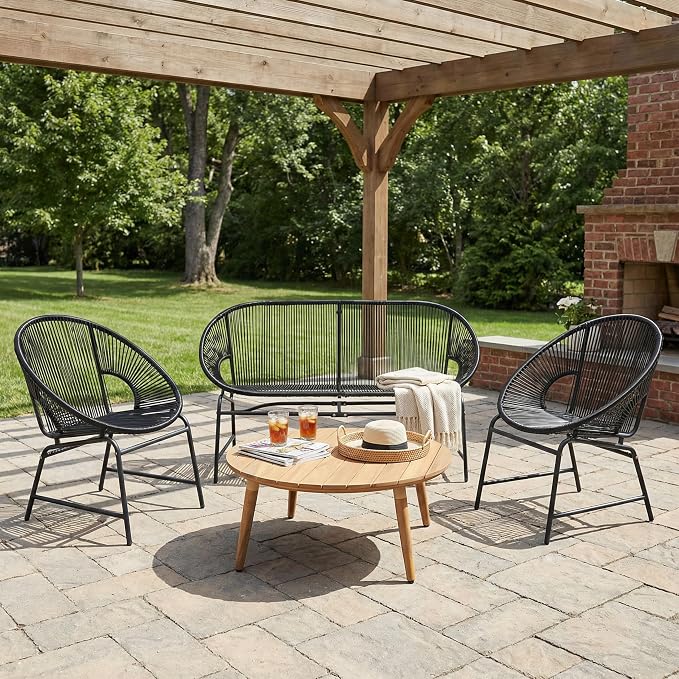 Christopher Knight Home Dessa 4 Piece Patio Furniture Set with Acacia Wood Coffee Table, 4 Seater PE Rattan Outdoor Conversation Set, Metal Outdoor Sectional Sofa Set, Beige+White, Black