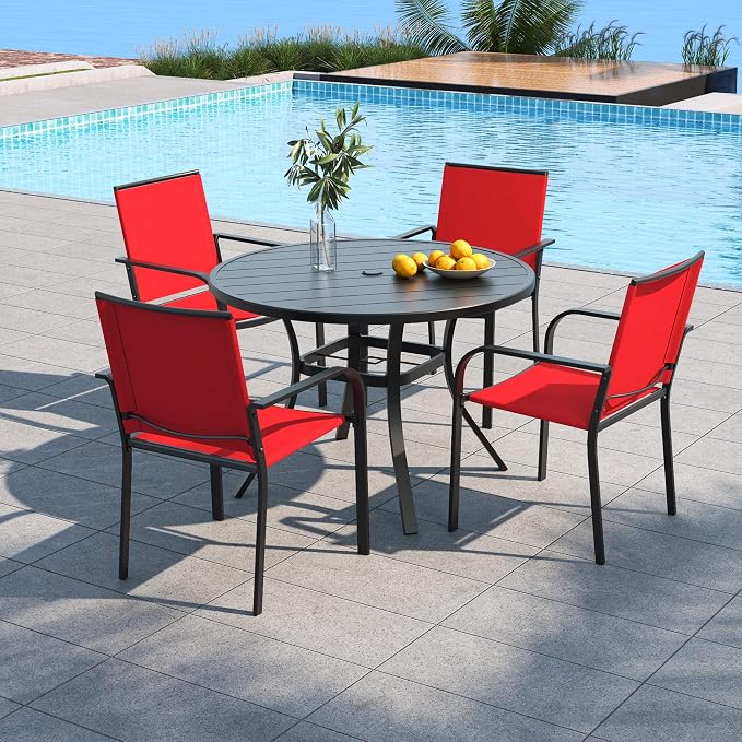5 Piece Outdoor Patio Dining Set with 41" Metal Round Table and Red Chairs | 4 Piece Stackable Chairs Textilene Seat and Back, Table and Chair with Metal Frame, Round Slat Table Top, 1.9" Umbrella Hole